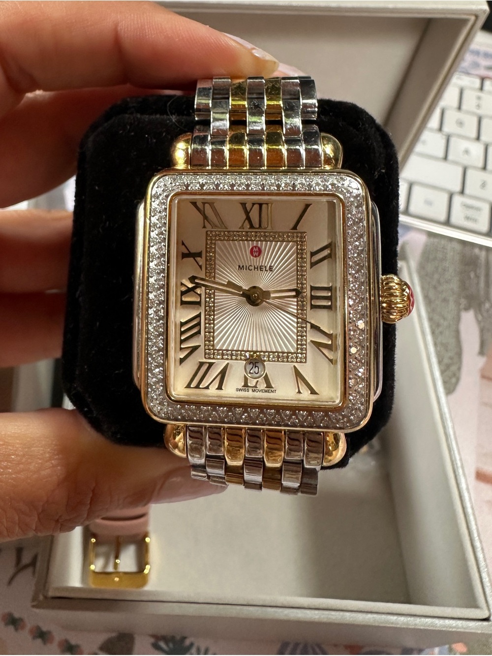 MICHELE Deco Madison Two-Tone 18K Gold & steel Diamond Bezel Women's Watch